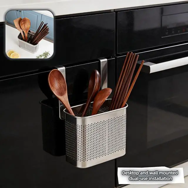 Alt view image 7 of 7 - Stainless Steel Kitchen Utensil Holder with Hooks, 2-Tier Stainless Steel 304 Utensil Holder,Rustproof Heavy Duty Dish Drainer for Kitchen Sink Countertop,5.51x4.33x2.76 Inch