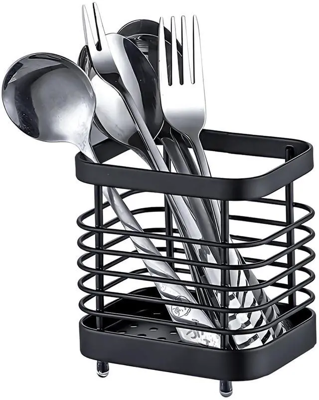 Main image of Kitchen Sink Utensil Holder of Drying Rack, Small Stainless Steel Cutlery Drainer Caddy,Spoon and fork organizer (Black)