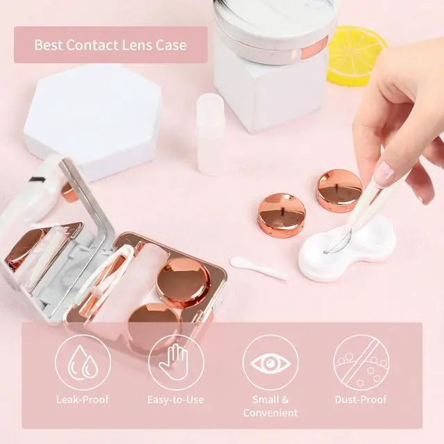 Alt view image 3 of 7 - Contact Lens Case, 2 Pack Cute Portable Eye Contacts Travel Box with Mirror Colored Lenses Applicator Remover Tool Kit Solution Bottle for Daily Makeup Office Outdoor (Rose Gold Marble)