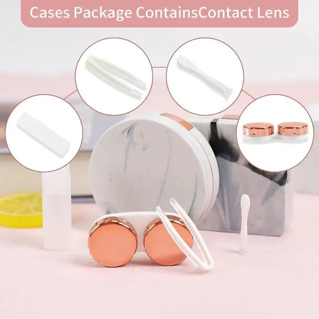 Alt view image 2 of 7 - Contact Lens Case, 2 Pack Cute Portable Eye Contacts Travel Box with Mirror Colored Lenses Applicator Remover Tool Kit Solution Bottle for Daily Makeup Office Outdoor (Rose Gold Marble)