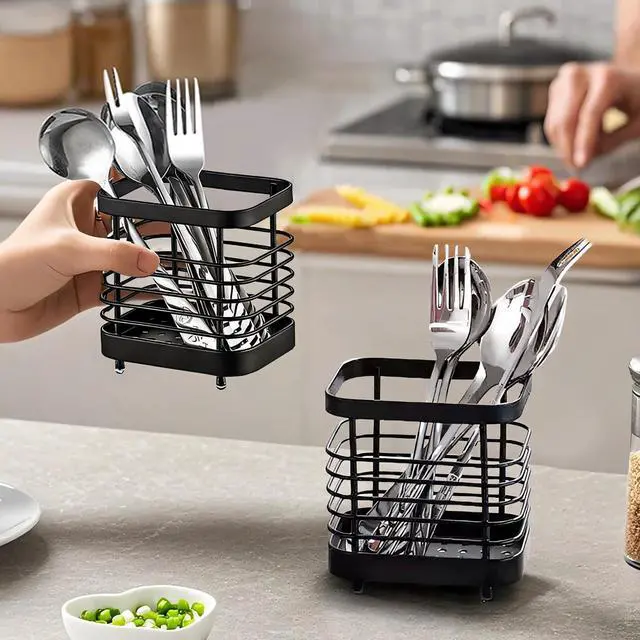 Alt view image 5 of 6 - Kitchen Sink Utensil Holder of Drying Rack, Small Stainless Steel Cutlery Drainer Caddy,Spoon and fork organizer (Black)