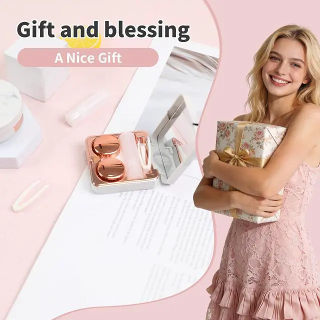 Alt view image 7 of 7 - Contact Lens Case, 2 Pack Cute Portable Eye Contacts Travel Box with Mirror Colored Lenses Applicator Remover Tool Kit Solution Bottle for Daily Makeup Office Outdoor (Rose Gold Marble)