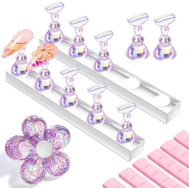 Main image of Holographic Nail Stand for Press-On Nails DIY, Magnetic Holder, 1 Flower & 2 Long Bases, Clear Purple Nail Stands for Gel Curing, Beginners Practice, Nail Tech & Creators Display Nails