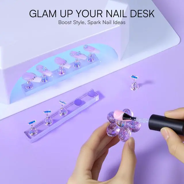 Alt view image 2 of 7 - Holographic Nail Stand for Press-On Nails DIY, Magnetic Holder, 1 Flower & 2 Long Bases, Clear Purple Nail Stands for Gel Curing, Beginners Practice, Nail Tech & Creators Display Nails