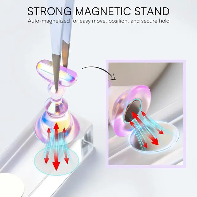 Alt view image 3 of 7 - Holographic Nail Stand for Press-On Nails DIY, Magnetic Holder, 1 Flower & 2 Long Bases, Clear Purple Nail Stands for Gel Curing, Beginners Practice, Nail Tech & Creators Display Nails