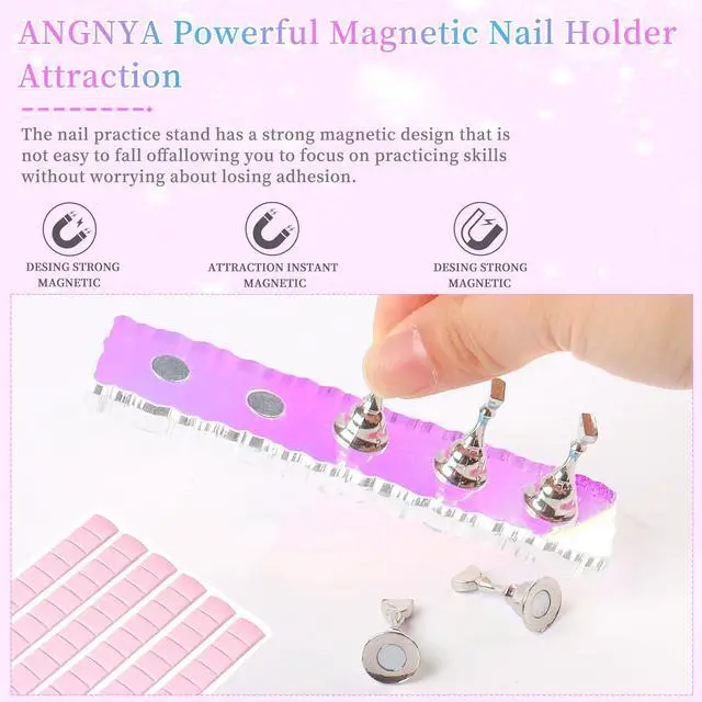 Alt view image 4 of 7 - 2 Set Nail Stand, Aurora Nail Holder for Painting Nail Stand for Press on with 96 Pcs Removable Mounting Tapes Nail Display Stand Nail Hand Practice Magnetic Nail Art Tools for Homes and Salons