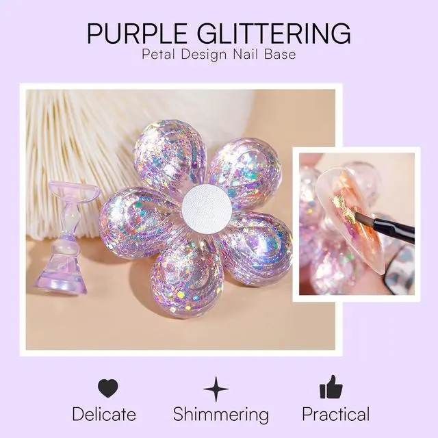 Alt view image 6 of 7 - Holographic Nail Stand for Press-On Nails DIY, Magnetic Holder, 1 Flower & 2 Long Bases, Clear Purple Nail Stands for Gel Curing, Beginners Practice, Nail Tech & Creators Display Nails