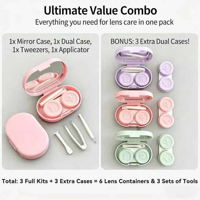 Alt view image 4 of 6 - Contact Lens Cases Set, Portable Mini Contact Lens Storage with Matching Soaking Cups, Travel & Daily Use Contact Lens Holder for Women Girls (3, Green/Pink/Purple)