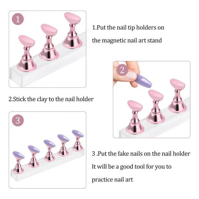 Alt view image 4 of 7 - Acrylic Nail Display Stand DIY Nail Crystal Holder Magnetic Practice Stands with Reusable Adhesive Putty Clay for False Nail Tip Manicure Tool (Pink)