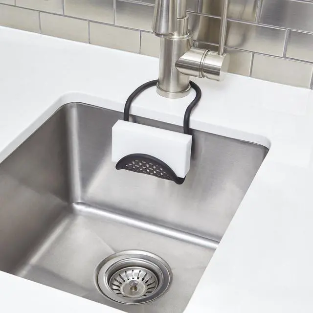 Alt view image 2 of 7 - Sling Sponge Holder for Kitchen Sink No Suction Cups, Flexible Caddy for Sinks and Faucets, Modern Design, Black
