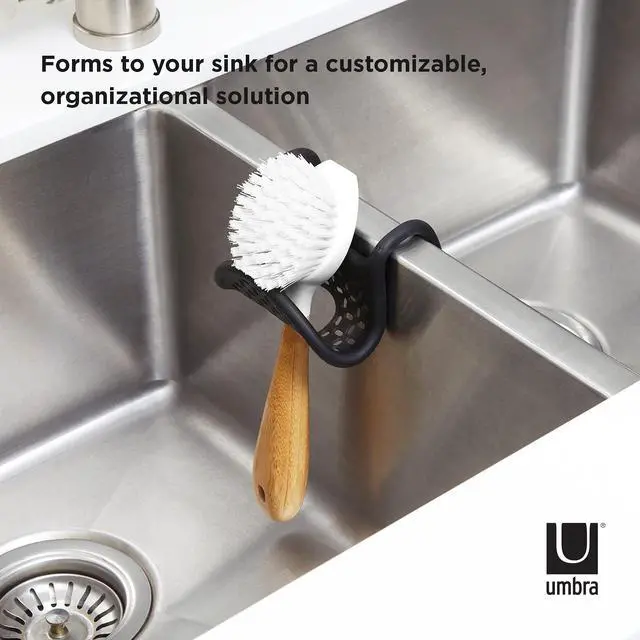 Alt view image 4 of 7 - Sling Sponge Holder for Kitchen Sink No Suction Cups, Flexible Caddy for Sinks and Faucets, Modern Design, Black