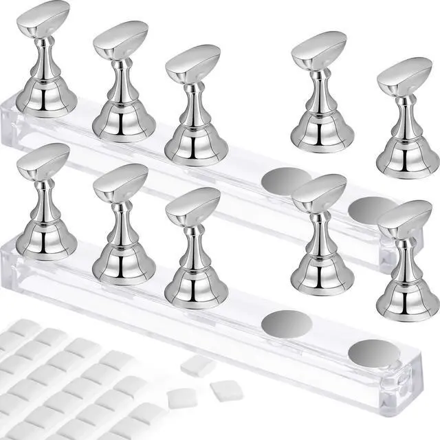 Main image of 2 Set Nail Stand for Painting Press Nail Holder Acrylic Magnetic Tips Training Fingernail Display Stands DIY Crystal Holders and 96 Pieces White Reusable Adhesive Putty(Silver)