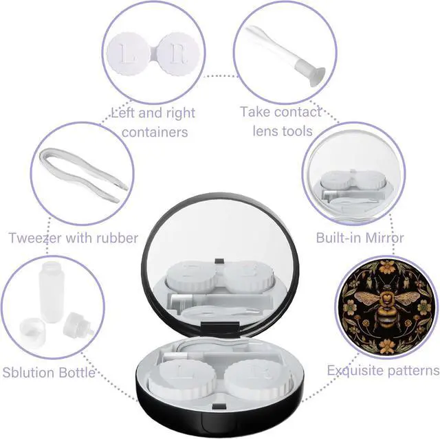 Alt view image 3 of 5 - Cute Bee Contact Case Personalized Contact Box Travel Kit Portable Customized Contact Case with Mirror Tweezers Remover Tool Solution Bottle, Small, Black