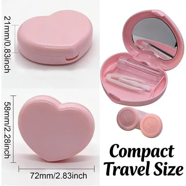 Alt view image 2 of 7 - Contact Lens Case, Travel Size Cute Contact Lenses Applicator Remover Tool Kit with Mirror Solution Bottle for Daily Outdoor Heart Pink Green (2 Pack)