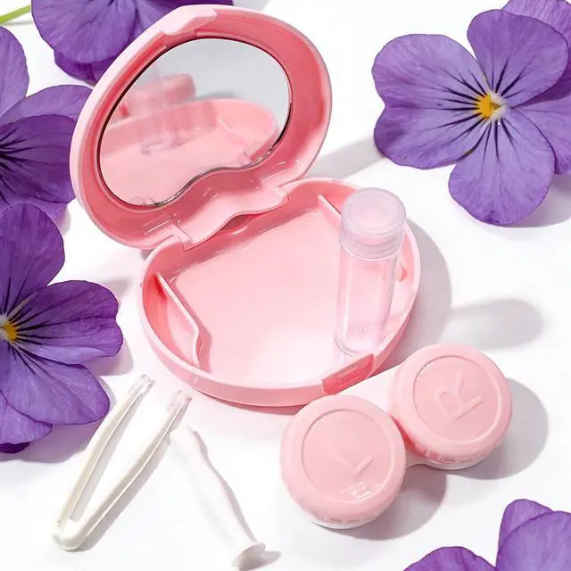 Alt view image 4 of 7 - Contact Lens Case, Travel Size Cute Contact Lenses Applicator Remover Tool Kit with Mirror Solution Bottle for Daily Outdoor Heart Pink Green (2 Pack)