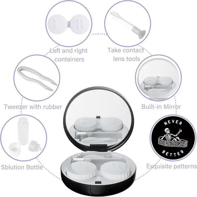 Alt view image 3 of 5 - Contact Case Personalized Contact Box Travel Kit Portable Customized Contact Case with Mirror Tweezers Remover Tool Solution Bottle, Small, Black (Better)