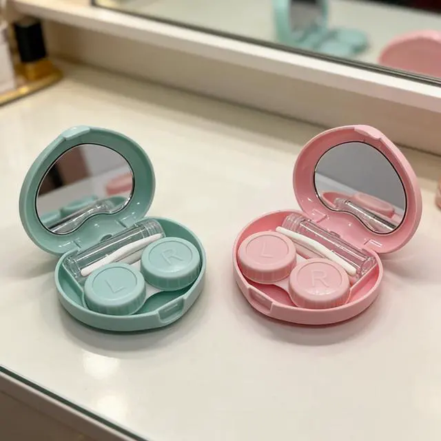 Alt view image 6 of 7 - Contact Lens Case, Travel Size Cute Contact Lenses Applicator Remover Tool Kit with Mirror Solution Bottle for Daily Outdoor Heart Pink Green (2 Pack)