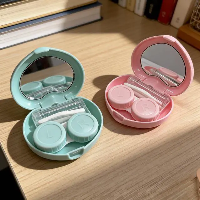 Alt view image 7 of 7 - Contact Lens Case, Travel Size Cute Contact Lenses Applicator Remover Tool Kit with Mirror Solution Bottle for Daily Outdoor Heart Pink Green (2 Pack)