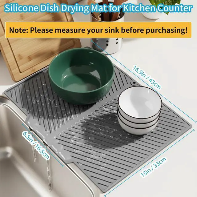 Alt view image 2 of 6 - Silicone Dish Drying Mat for Kitchen Counter with 6.5" Built-in Drain Lip & Hanging Hole, Quick-Dry, Heat-Resistant, Non-Slip Stone Drying Mat, Easy to Clean and Drain Board (Grey, 16.9" x 13")