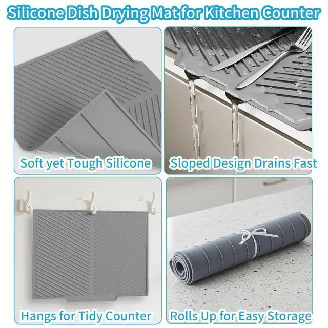 Alt view image 3 of 6 - Silicone Dish Drying Mat for Kitchen Counter with 6.5" Built-in Drain Lip & Hanging Hole, Quick-Dry, Heat-Resistant, Non-Slip Stone Drying Mat, Easy to Clean and Drain Board (Grey, 16.9" x 13")
