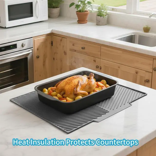 Alt view image 4 of 6 - Silicone Dish Drying Mat for Kitchen Counter with 6.5" Built-in Drain Lip & Hanging Hole, Quick-Dry, Heat-Resistant, Non-Slip Stone Drying Mat, Easy to Clean and Drain Board (Grey, 16.9" x 13")