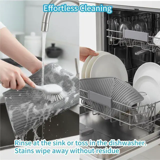 Alt view image 5 of 6 - Silicone Dish Drying Mat for Kitchen Counter with 6.5" Built-in Drain Lip & Hanging Hole, Quick-Dry, Heat-Resistant, Non-Slip Stone Drying Mat, Easy to Clean and Drain Board (Grey, 16.9" x 13")