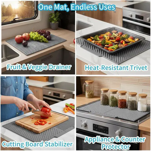 Alt view image 6 of 6 - Silicone Dish Drying Mat for Kitchen Counter with 6.5" Built-in Drain Lip & Hanging Hole, Quick-Dry, Heat-Resistant, Non-Slip Stone Drying Mat, Easy to Clean and Drain Board (Grey, 16.9" x 13")