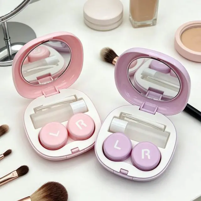 Alt view image 2 of 7 - Contact Lens Case, Leakproof Cute Travel Kit Contact Lenses Applicator Remover Tool with Mirror Solution Bottle for Daily Outdoor Pink Purple (2 Pack)