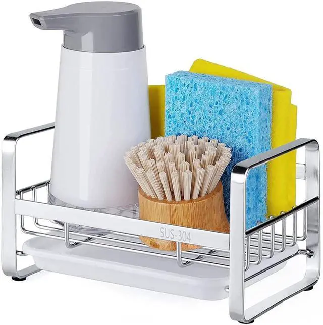 Main image of Kitchen Sink Sponge Holder, 304 Stainless Steel Kitchen Soap Dispenser Caddy Organizer, Countertop Soap Dish Rack Drainer with Removable Drain Tray, not Including Dispenser and Brush