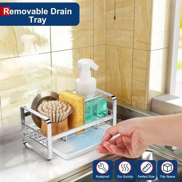 Alt view image 3 of 7 - Kitchen Sink Sponge Holder, 304 Stainless Steel Kitchen Soap Dispenser Caddy Organizer, Countertop Soap Dish Rack Drainer with Removable Drain Tray, not Including Dispenser and Brush