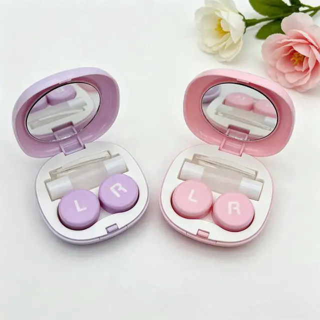 Alt view image 5 of 7 - Contact Lens Case, Leakproof Cute Travel Kit Contact Lenses Applicator Remover Tool with Mirror Solution Bottle for Daily Outdoor Pink Purple (2 Pack)