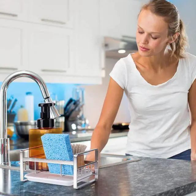 Alt view image 7 of 7 - Kitchen Sink Sponge Holder, 304 Stainless Steel Kitchen Soap Dispenser Caddy Organizer, Countertop Soap Dish Rack Drainer with Removable Drain Tray, not Including Dispenser and Brush