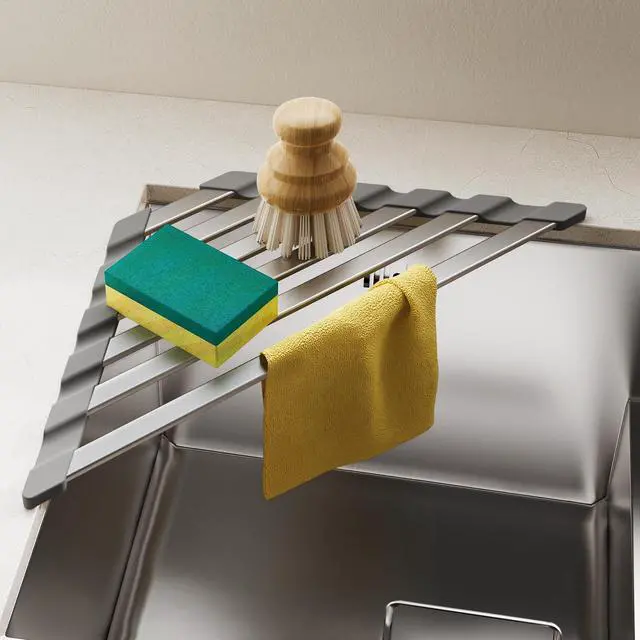 Main image of Corner Sink Drying Rack, 16"x9.5" Rust-Proof Aluminum Triangular Dish Drainer, Heat Resistant Roll Up Mat for Kitchen Counter, Sponge Holder & Organizer with Non-Slip Silicone Base, Gray