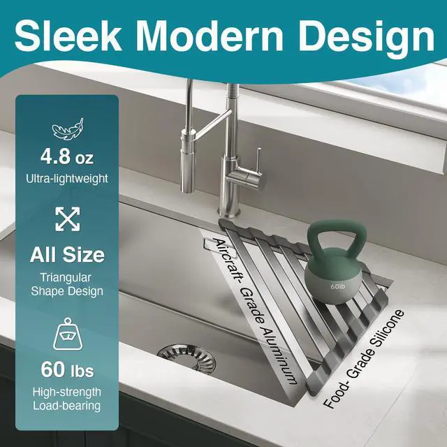 Alt view image 3 of 7 - Corner Sink Drying Rack, 16"x9.5" Rust-Proof Aluminum Triangular Dish Drainer, Heat Resistant Roll Up Mat for Kitchen Counter, Sponge Holder & Organizer with Non-Slip Silicone Base, Gray