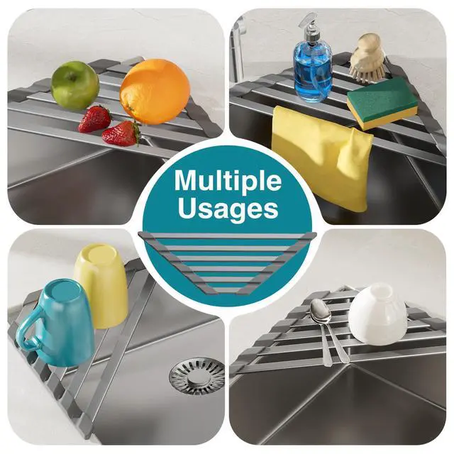 Alt view image 4 of 7 - Corner Sink Drying Rack, 16"x9.5" Rust-Proof Aluminum Triangular Dish Drainer, Heat Resistant Roll Up Mat for Kitchen Counter, Sponge Holder & Organizer with Non-Slip Silicone Base, Gray