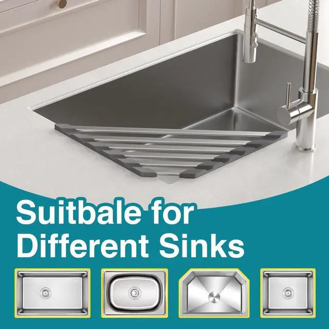 Alt view image 5 of 7 - Corner Sink Drying Rack, 16"x9.5" Rust-Proof Aluminum Triangular Dish Drainer, Heat Resistant Roll Up Mat for Kitchen Counter, Sponge Holder & Organizer with Non-Slip Silicone Base, Gray