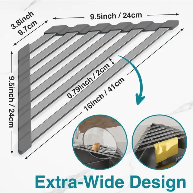 Alt view image 6 of 7 - Corner Sink Drying Rack, 16"x9.5" Rust-Proof Aluminum Triangular Dish Drainer, Heat Resistant Roll Up Mat for Kitchen Counter, Sponge Holder & Organizer with Non-Slip Silicone Base, Gray