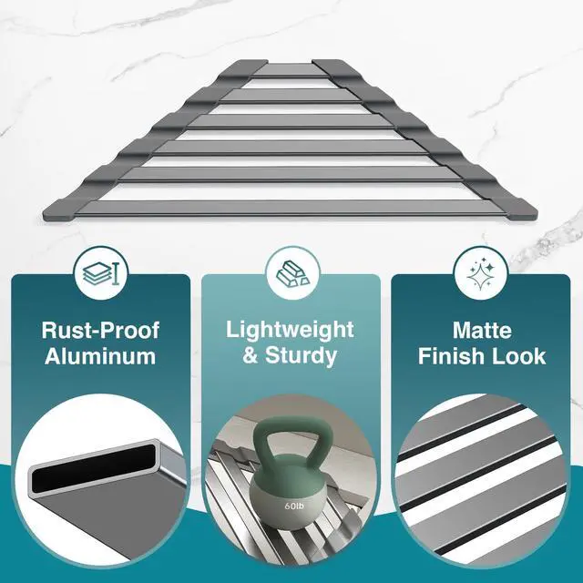 Alt view image 7 of 7 - Corner Sink Drying Rack, 16"x9.5" Rust-Proof Aluminum Triangular Dish Drainer, Heat Resistant Roll Up Mat for Kitchen Counter, Sponge Holder & Organizer with Non-Slip Silicone Base, Gray
