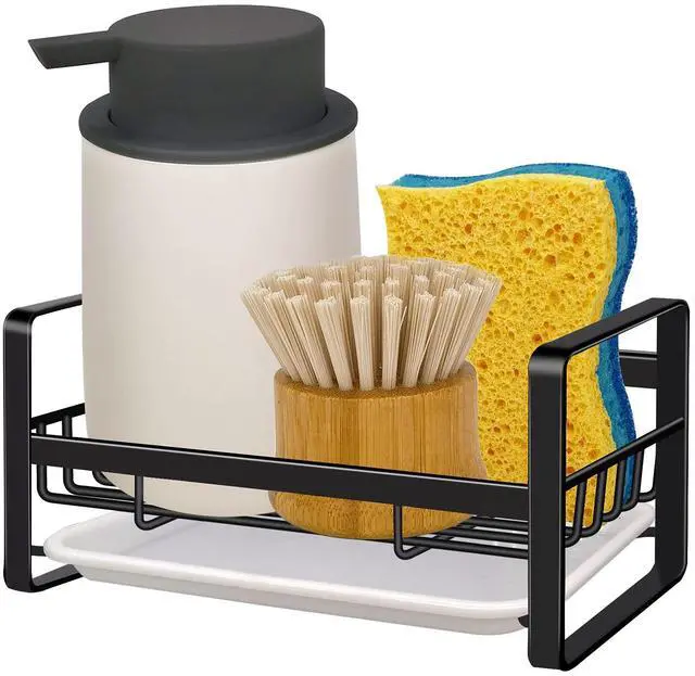 Main image of Kitchen Sink Caddy Sponge Holder Organizer, Sink Tray Drainer Rack, Soap Dish Dispenser Brush Holder Storage Accessories - Countertop or Adhesive Wall Mount, Matte Black Stainless Steel