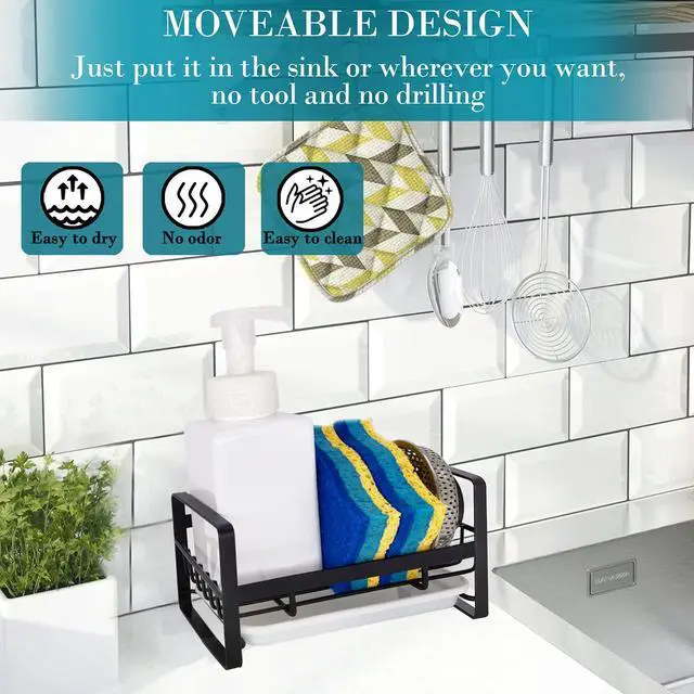 Alt view image 2 of 7 - Kitchen Sink Caddy Sponge Holder Organizer, Sink Tray Drainer Rack, Soap Dish Dispenser Brush Holder Storage Accessories - Countertop or Adhesive Wall Mount, Matte Black Stainless Steel