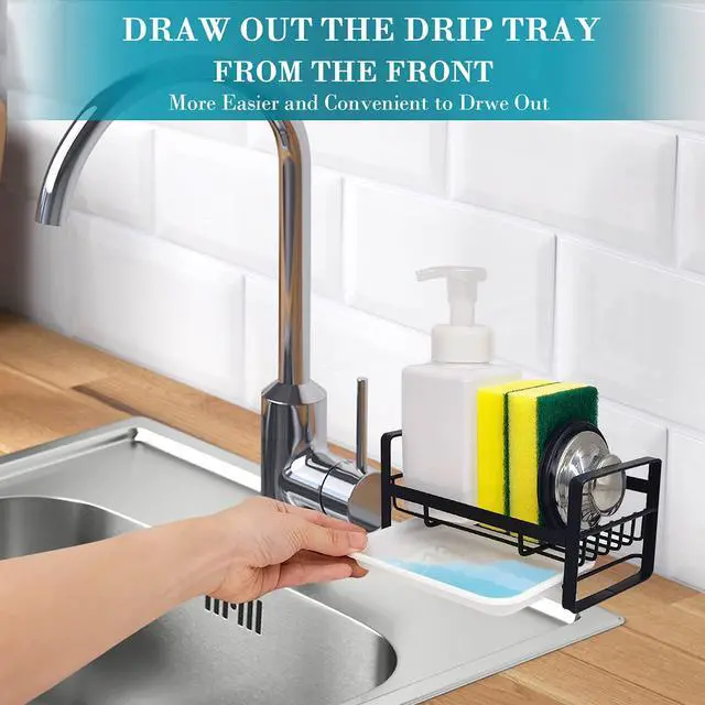 Alt view image 3 of 7 - Kitchen Sink Caddy Sponge Holder Organizer, Sink Tray Drainer Rack, Soap Dish Dispenser Brush Holder Storage Accessories - Countertop or Adhesive Wall Mount, Matte Black Stainless Steel