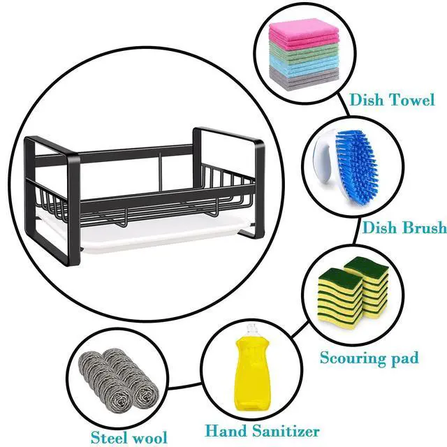 Alt view image 4 of 7 - Kitchen Sink Caddy Sponge Holder Organizer, Sink Tray Drainer Rack, Soap Dish Dispenser Brush Holder Storage Accessories - Countertop or Adhesive Wall Mount, Matte Black Stainless Steel