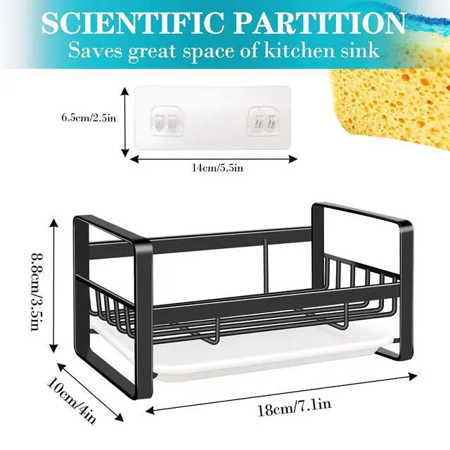 Alt view image 5 of 7 - Kitchen Sink Caddy Sponge Holder Organizer, Sink Tray Drainer Rack, Soap Dish Dispenser Brush Holder Storage Accessories - Countertop or Adhesive Wall Mount, Matte Black Stainless Steel