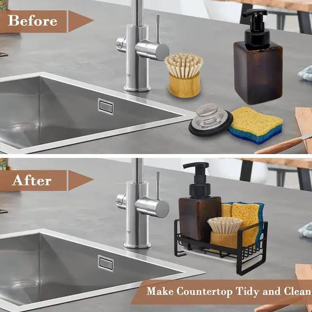 Alt view image 6 of 7 - Kitchen Sink Caddy Sponge Holder Organizer, Sink Tray Drainer Rack, Soap Dish Dispenser Brush Holder Storage Accessories - Countertop or Adhesive Wall Mount, Matte Black Stainless Steel