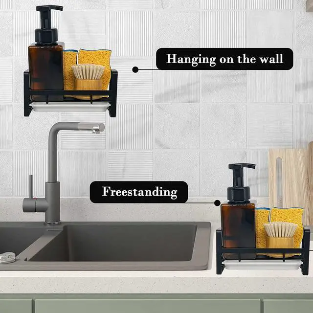 Alt view image 7 of 7 - Kitchen Sink Caddy Sponge Holder Organizer, Sink Tray Drainer Rack, Soap Dish Dispenser Brush Holder Storage Accessories - Countertop or Adhesive Wall Mount, Matte Black Stainless Steel