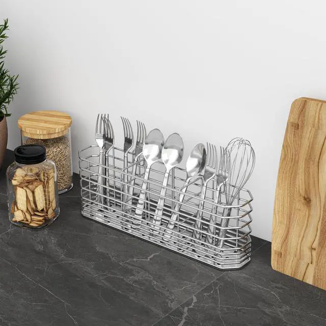 Alt view image 2 of 7 - 304 Stainless Steel Utensil Holder, Dish Drying Rack, Kitchen Utensil Organizer, Knife and Fork Drainage Rack, Kitchen Drainage Basket Accessories, with Hooks, Rust Proof