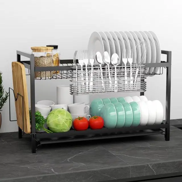 Alt view image 5 of 7 - 304 Stainless Steel Utensil Holder, Dish Drying Rack, Kitchen Utensil Organizer, Knife and Fork Drainage Rack, Kitchen Drainage Basket Accessories, with Hooks, Rust Proof