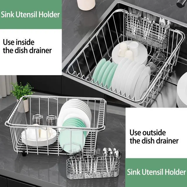 Alt view image 4 of 7 - 304 Stainless Steel Utensil Holder, Dish Drying Rack, Kitchen Utensil Organizer, Knife and Fork Drainage Rack, Kitchen Drainage Basket Accessories, with Hooks, Rust Proof