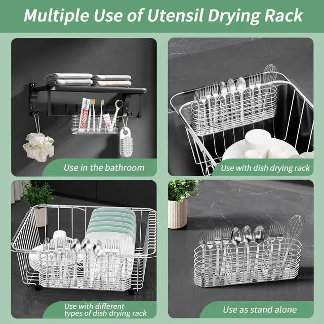 Alt view image 6 of 7 - 304 Stainless Steel Utensil Holder, Dish Drying Rack, Kitchen Utensil Organizer, Knife and Fork Drainage Rack, Kitchen Drainage Basket Accessories, with Hooks, Rust Proof
