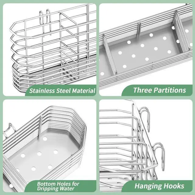 Alt view image 7 of 7 - 304 Stainless Steel Utensil Holder, Dish Drying Rack, Kitchen Utensil Organizer, Knife and Fork Drainage Rack, Kitchen Drainage Basket Accessories, with Hooks, Rust Proof